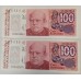 ARGENTINA 1985 . ONE HUNDRED 100 AUSTRALES BANKNOTE . ERROR . RED INK LINE . CONSEC PAIR